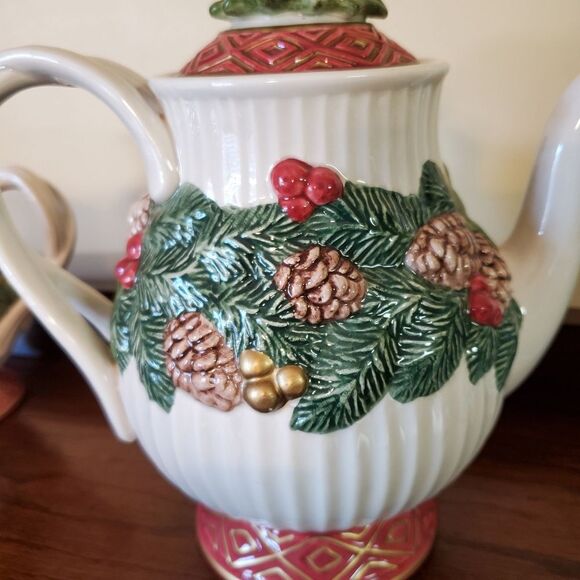 Fitz and Floyd Christmas Rose Hand Painted Tea Set 1995 - Picture 5 of 15